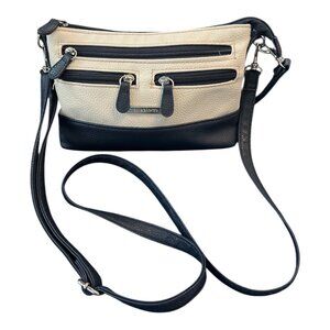 Stone Mountain Crossbody Bag – Bone & Navy Faux Leather – 9 x 6.5 x 1.5 in